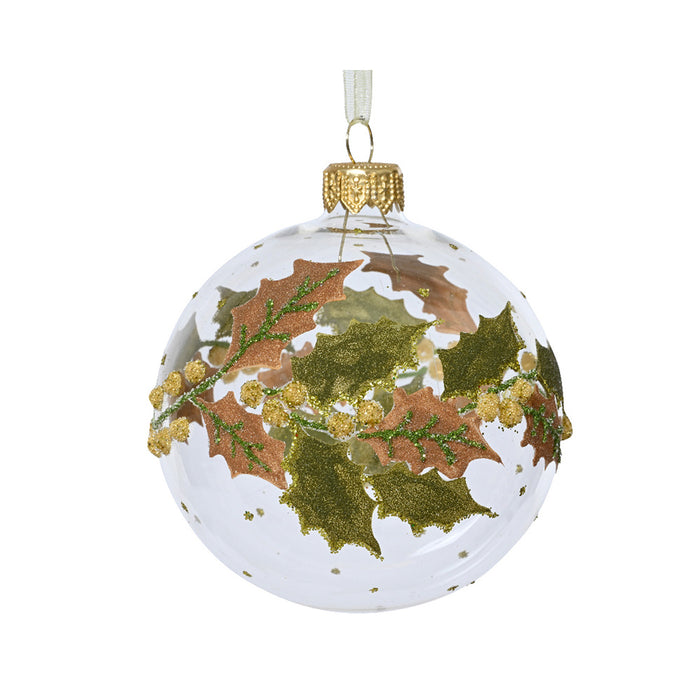 Kaemingk Glass Bauble – Transparent, Holly Border (Dia.8Cm)