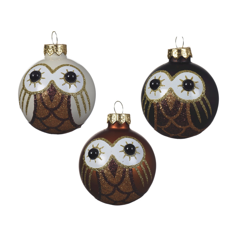 Kaemingk Glass Bauble Owl 3 Assorted (Dia.6Cm)