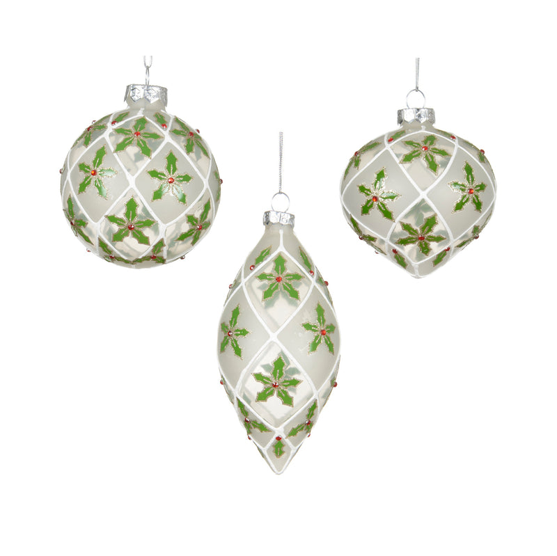 Kaemingk Glass Bauble – Flowers & Red Diamonds. White Assorted (Dia.8Cm)