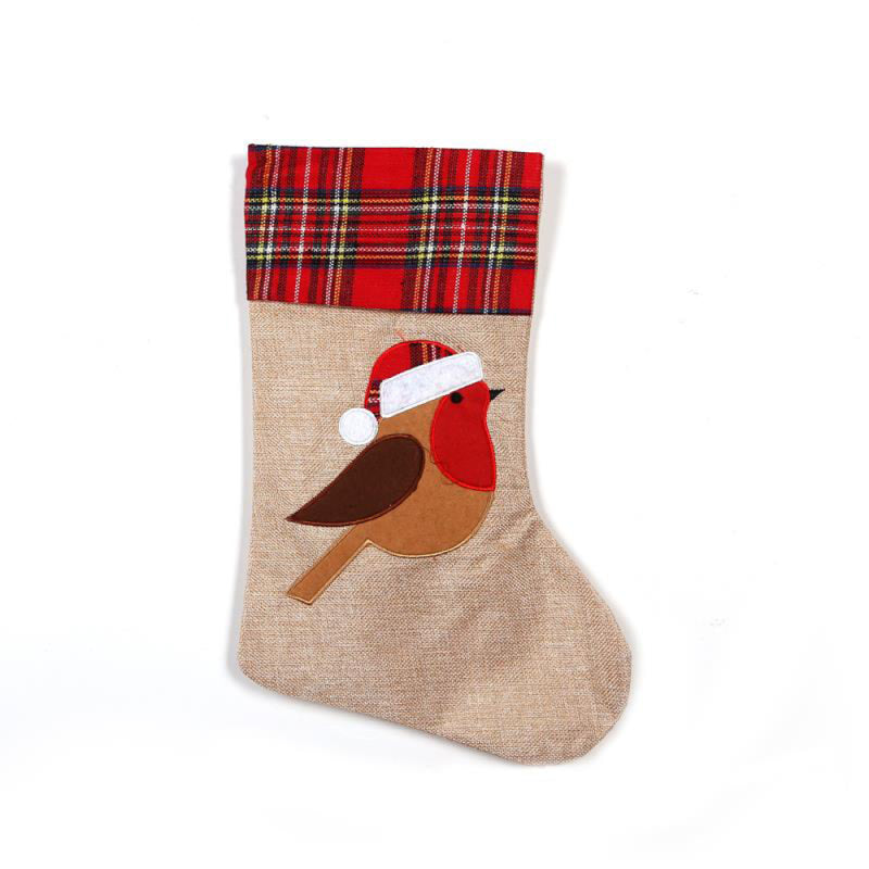 SHATCHI 46cm Tartan Hessian Christmas Stocking with Robin Print