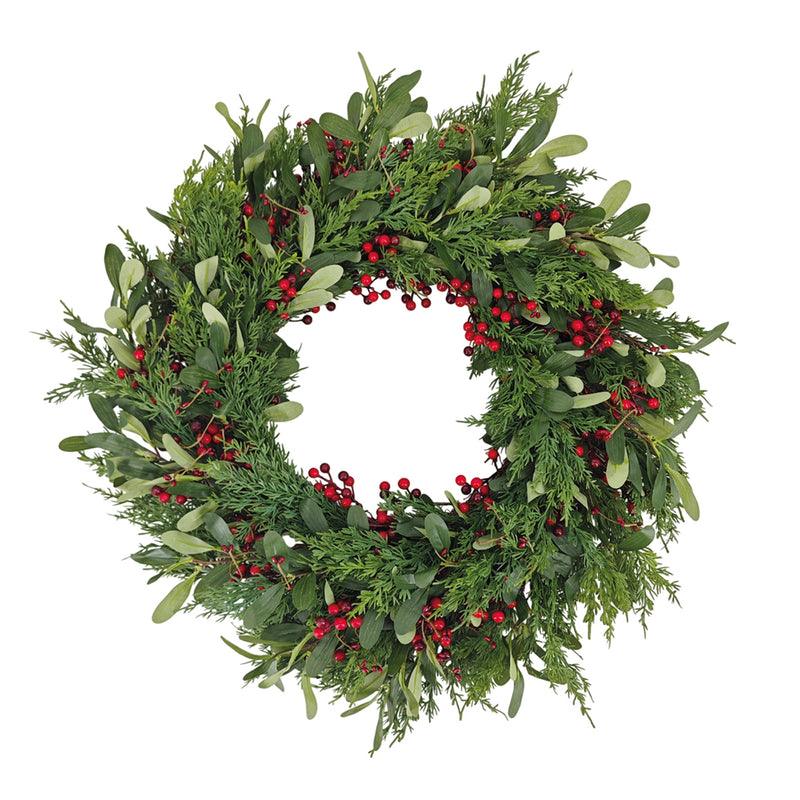 SHATCHI 71cm Cypress Christmas Wreath with Red Berries & Olive Leaves