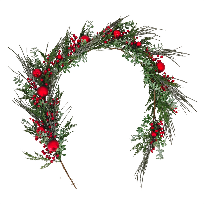 SHATCHI 183cm Cypress Christmas Garland with Red Berries & Baubles