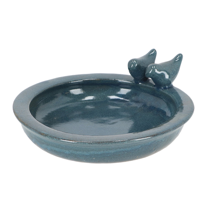 Fallen Fruits Round Ceramic Bird Bath Petrol Blue