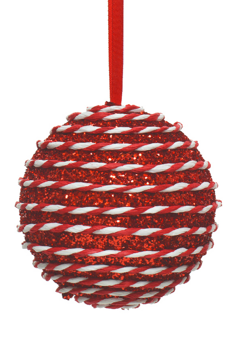 Kaemingk Red Bauble White & Red Candy Striped Glitter Hanging Decoration
