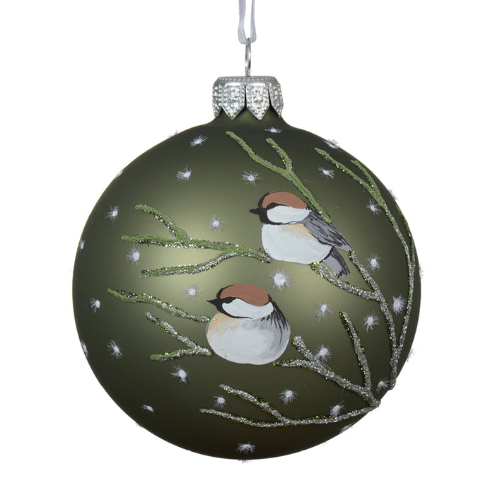 Kaemingk Glass Bauble – Birds On Branches, Rosemary Green (Dia.8Cm)