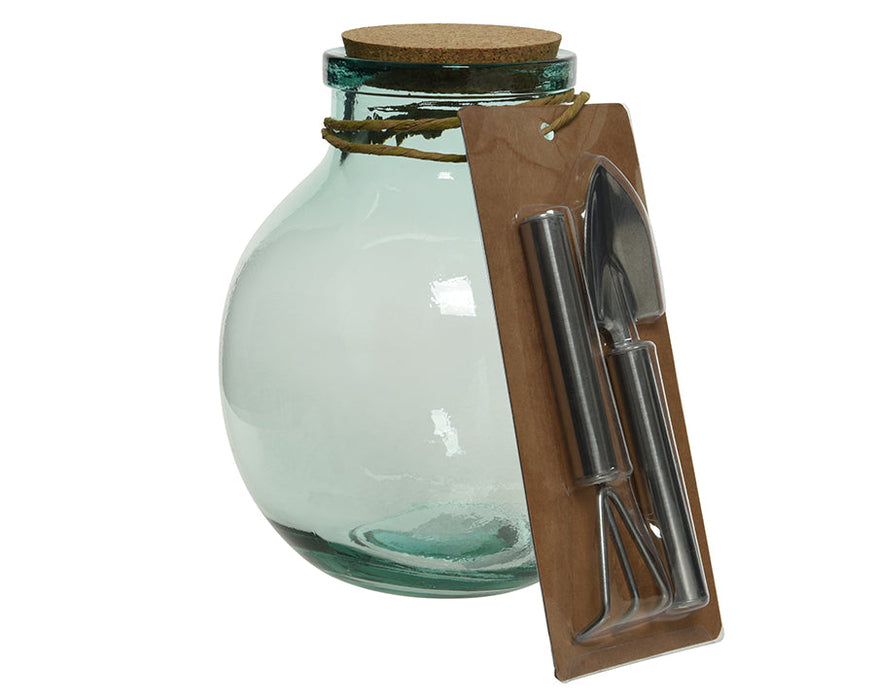 Kaemingk Recycled Glass Terrarium With Cork Lid And Tool Set H25Cm