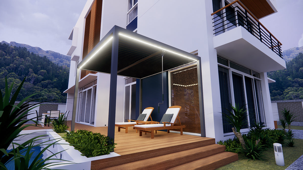 Portofino Pergola 3m x 4m with LED Lights and 3 Side Curtains