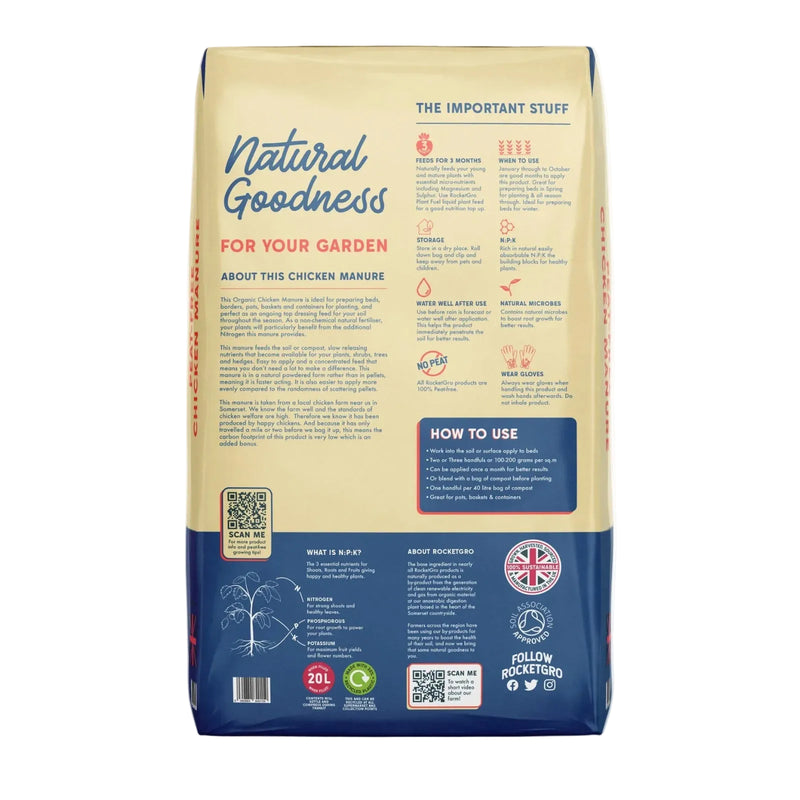 Natural Goodness For Your Garden chicken manure bag, 20L size, featuring a cream and navy blue design with informational text and illustrations.