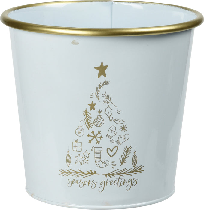 Koopman Metal Bucket Christmas Tree-Embossed Decorative Centerpiece Planter White Colour