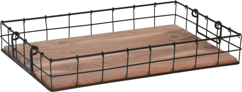 Metal Tray with Handles and Wooden Base Colour Black