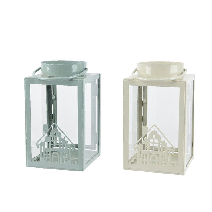 Kaemingk Lantern Iron Shiny House Scenery 2Col (L.12.5Cm X W.12.5Cm X H.21.5Cm)