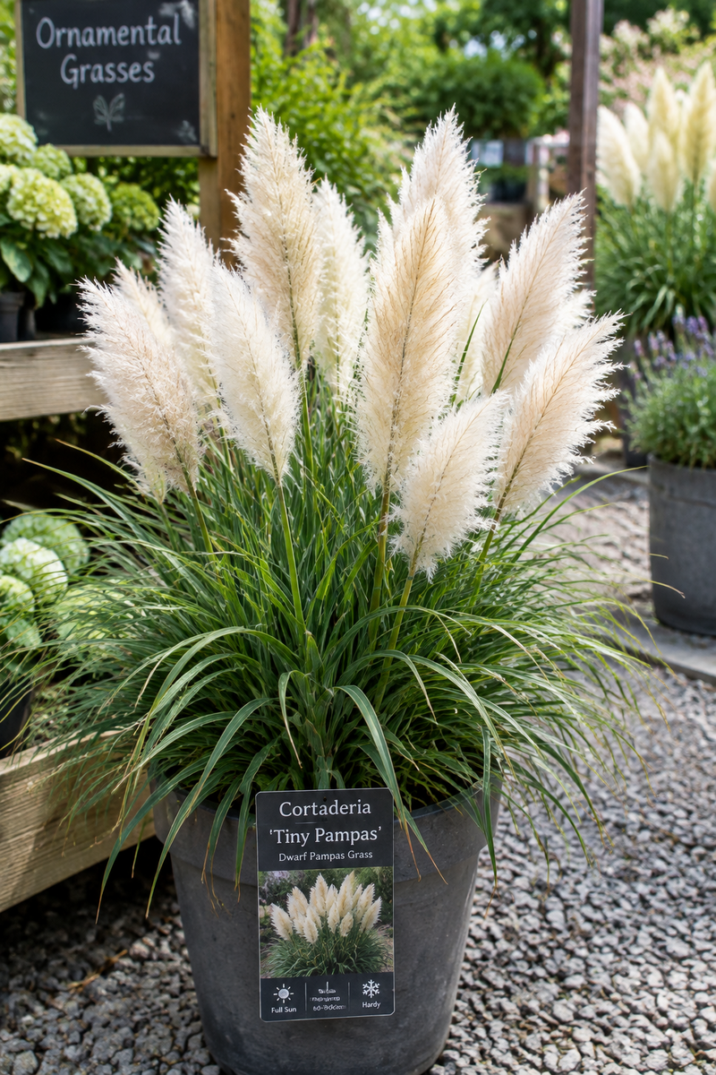 A potted Cortaderia 'Tiny Pampas' ornamental grass plant with fluffy cream-colored plumes and green blades, shown in a nursery or garden center setting with gravel and other plants in the background.