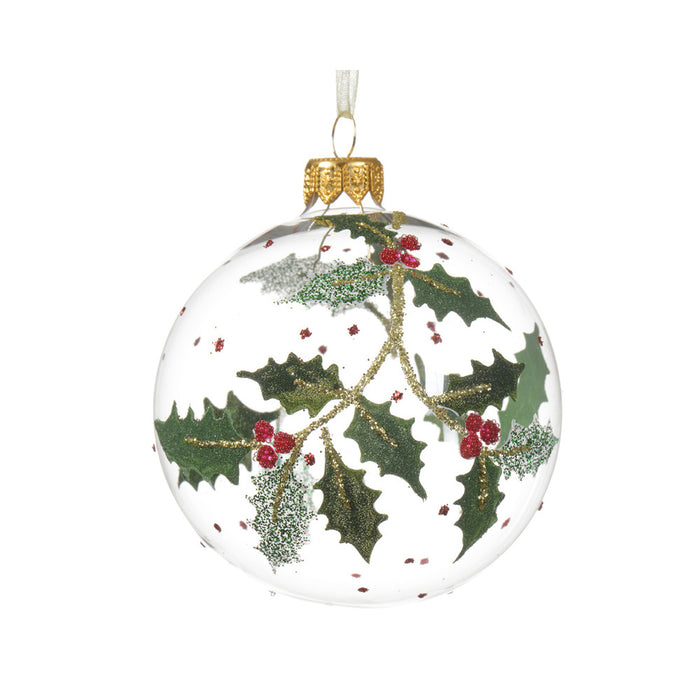 Kaemingk Glass Bauble – Clear, Holly With Berries (Dia.8Cm)