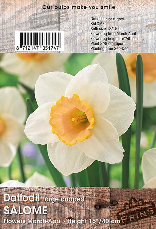 Seed packet for Salome 'Daffodil large cupped' showing a photo of a white daffodil with a yellow-orange center on a wood-textured label background with planting and bulb details.