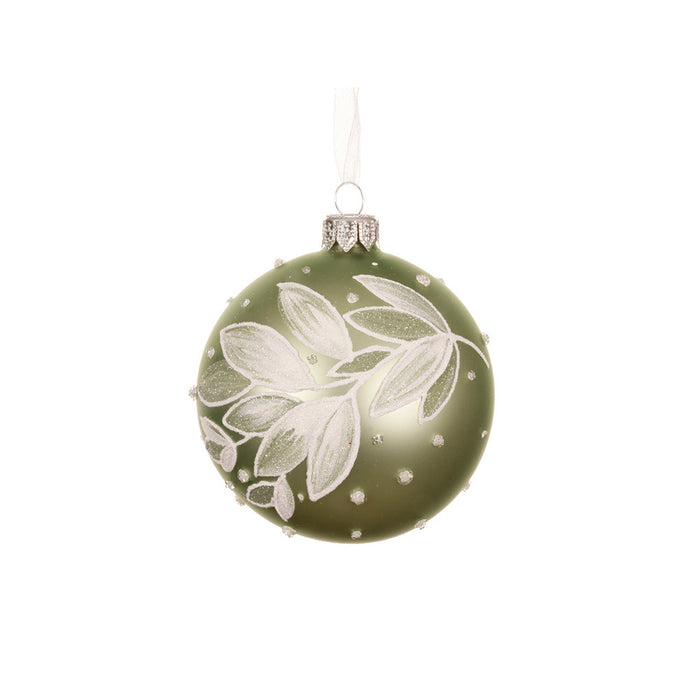 Kaemingk Glass Bauble – Branch, Leaf & Dots, Matcha Green (Dia.8Cm)
